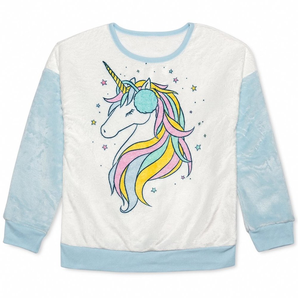 Evy of California Sweatshirt Big Girls Long Sleeve Graphic Unicorn White L (14)